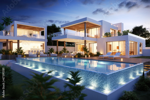villa contemporaine d architecte aux murs blanc et grandes baies vitr  es avec piscine et terrasse