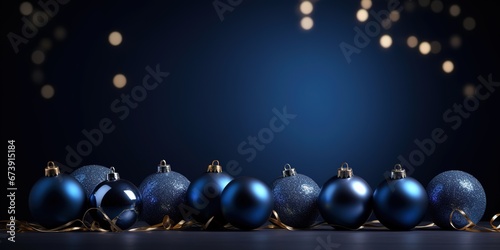 Dark blue Christmas decoration balls on dark background. Merry christmas and happy new year greeting card. Generative AI