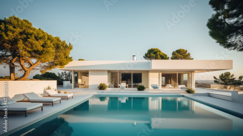 villa contemporaine d'architecte aux murs blanc et grandes baies vitrées avec piscine et terrasse © Sébastien Jouve