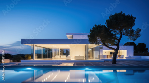 villa contemporaine d'architecte aux murs blanc et grandes baies vitrées avec piscine et terrasse © Sébastien Jouve