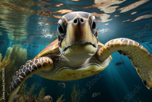 Joyful turtle swims beneath, stares into camera. Generative AI