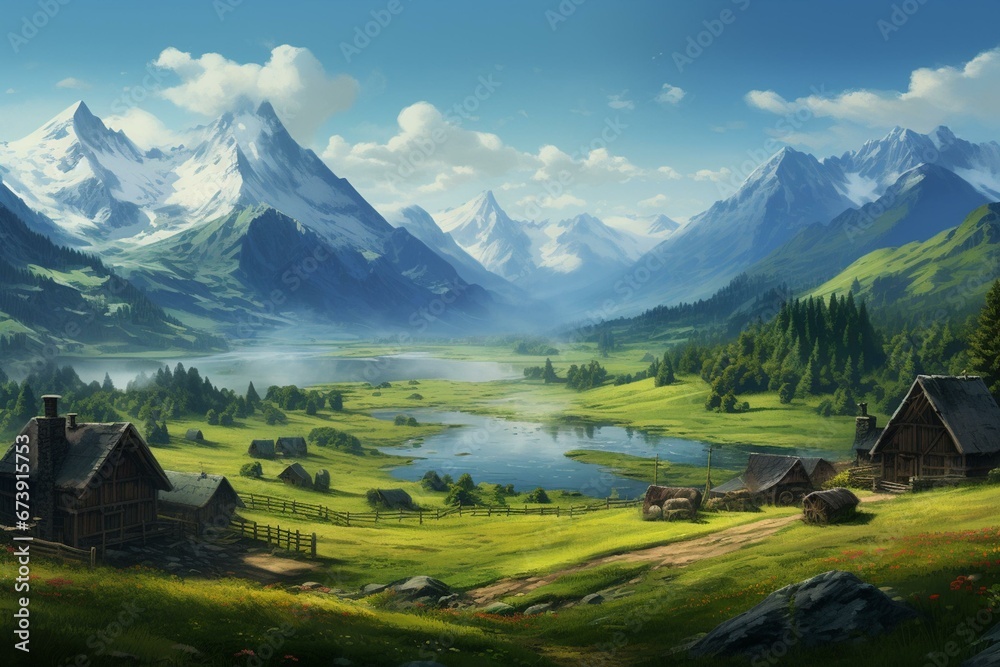 Beautiful view of mountains, meadows, pond, and village houses. Generative AI