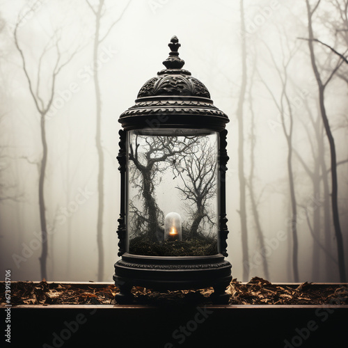 An antique lantern, with one side illuminating a tranquil garden and the other a spooky forest, this lantern hanging in the middle of the picture, white background, monochrome