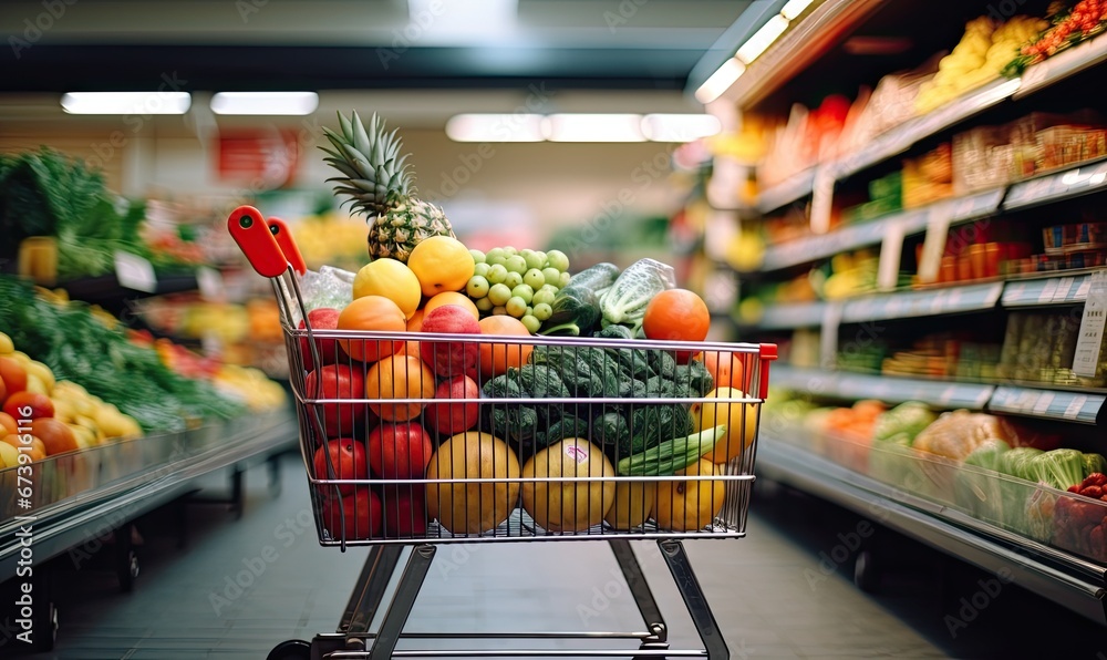 A supermarket cart full of fresh vegetables and fruits on the background of the store shelves. Generated by AI.