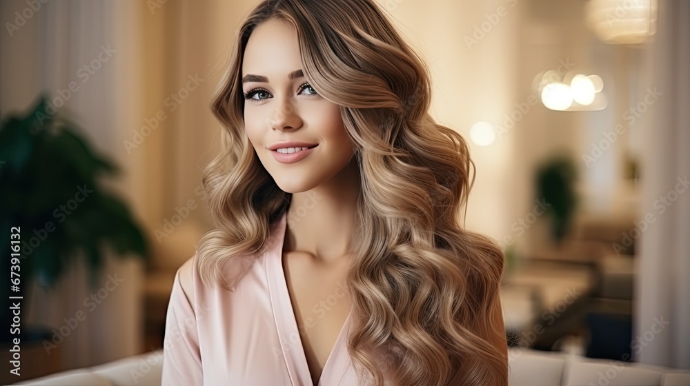 Fototapeta premium A young beautiful girl with wavy hair looks smiling at the camera. Generated by AI.