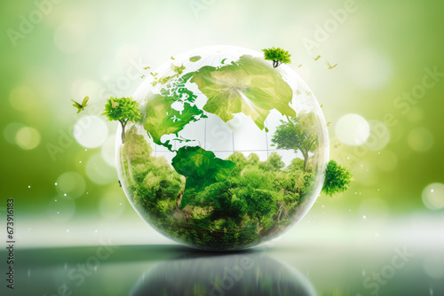 Fototapeta Naklejka Na Ścianę i Meble -  Crystal globe with clean hydrogen energy concept. Clean environment and ecology for green earth concept.