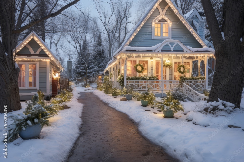 Enchanting and cozy christmas cottage with festive decorations and snowy surroundings at evening
