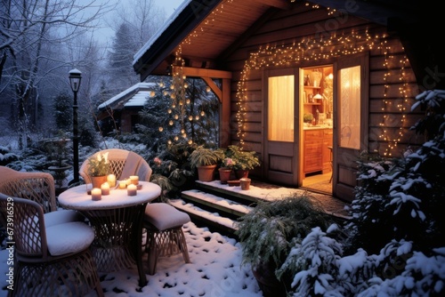 Festive cottage with christmas decorations and snowy surroundings creating a cozy ambiance