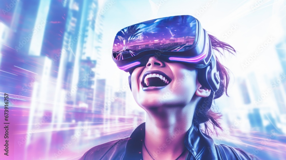 Young woman wearing a VR headset is amazed by the surreal world and virtual reality on the streets of a neon cyberpunk city.