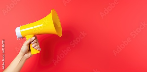 Hand holding yellow megaphone on red background