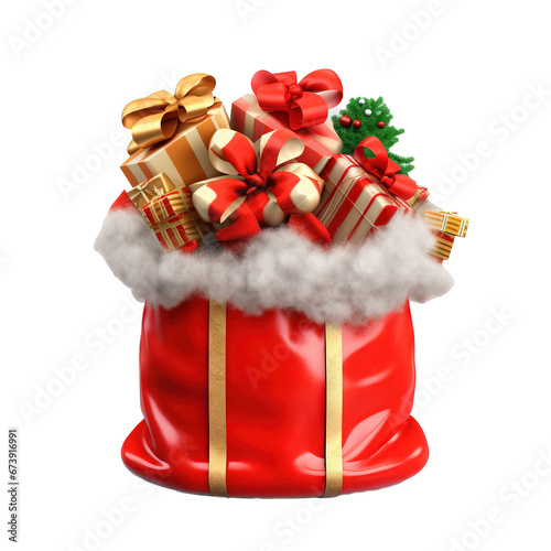 Santa Claus red bag full of Christmas boxes with gifts, isolated or transparent png. AI generated image photo