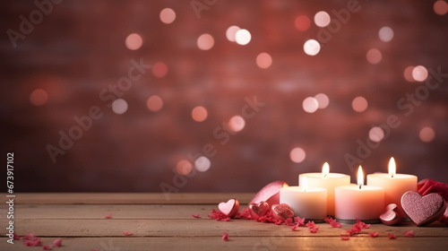 copy space  stockphoto  romantic background for valentine  some burning candles. Background design for invitation card  greeting card for valentine   s day. Valentines day. Copy space available.