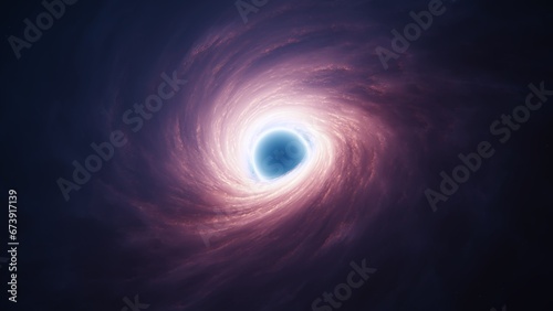 Interstellar black hole with glowing accretion disk and singularity nucleus. Concept 3D illustration of cosmic wormhole on starry space background. Theory of relativity and quantum physics wallpaper.