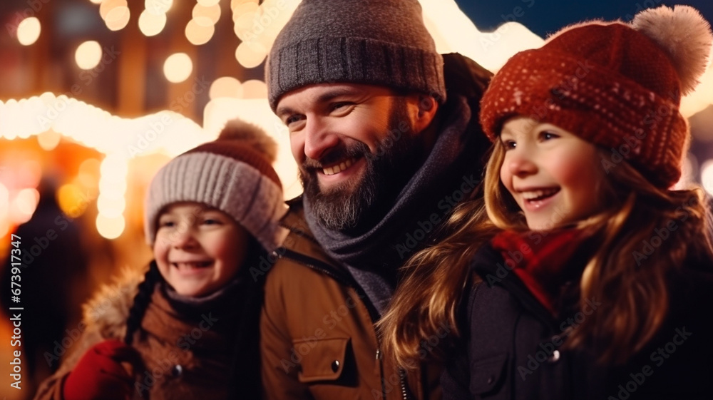 happy family with little daughter on street at winter fair happy family with little daughter on street at winter fair