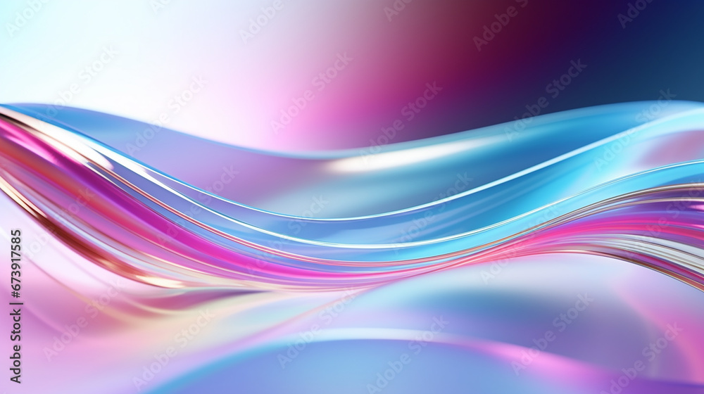 3D render abstrato na paisagem natural. Fita de vidro brilhante transparente na água. Onda curva holográfica em movimento. Elemento de design iridescente para fundo de banner, papel de parede 3D render abstrato na paisagem natural. Fita de vidro brilhante transparente na água. Onda curva holográfica em movimento. Elemento de design iridescente para fundo de banner, papel de parede