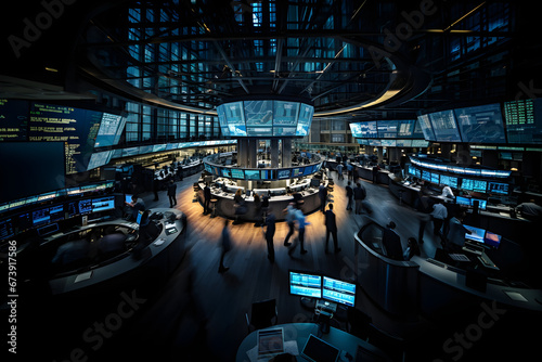 bird's-eye view of a bustling Stock Exchange trading floor, complete with monitors and blurred traders in the midst of financial transactions. dynamic world of stock trading
