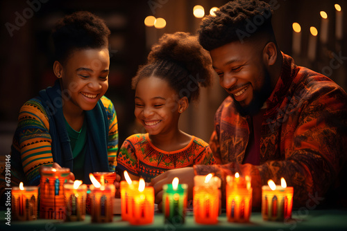 In May 2023, a neural network generated scene portrays an African family celebrating Kwanzaa indoors with colored candles, photo