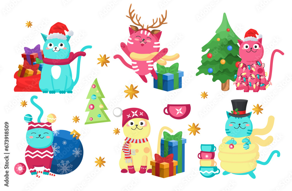 Fototapeta premium Cute christmas cat winter characters isolated set on white