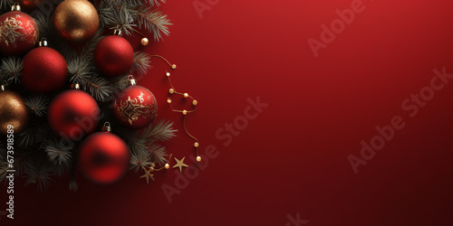 Festive Christmas background with a border of Christmas balls and snowflakes on a solid red background.