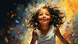 Aniversariante, menina feliz com confete em fundo colorido