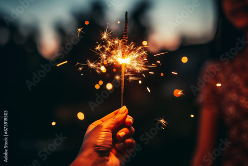A close-up shot of a person's hand holding a sparkler, Celebrating New Years Eve, Silvester photo