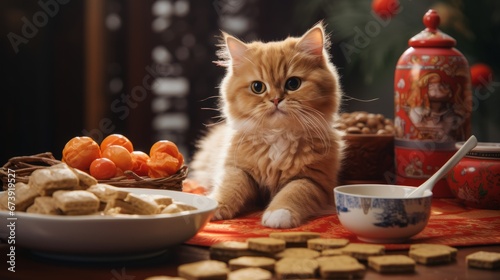 Singaporean cat stealing gingerbread cookies from the table on Happy New Year. Singaporean cat. Horizontal banking poster background for ad. Photo AI Generated