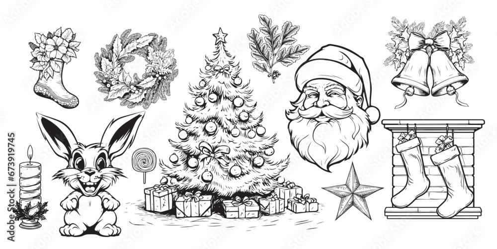 Fototapeta premium Christmas hand drawn decorations, vector elements. Traditional Christmas symbol Vector