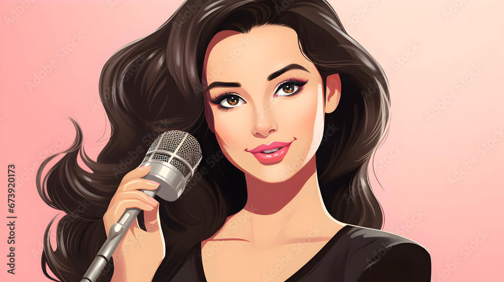 A woman with long, dark brown hair wearing a smile as she holds a microphone A woman with long, dark brown hair wearing a smile as she holds a microphone