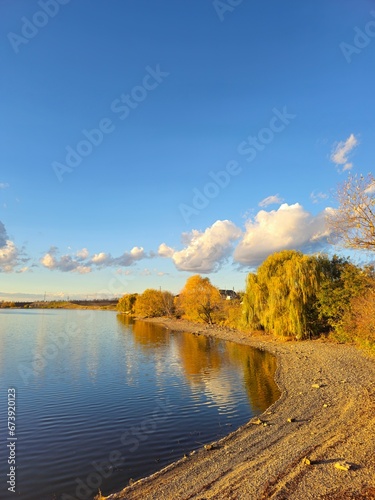A river with trees and blue sky