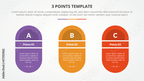3 points stage template infographic concept for slide presentation with round shape with slice title with 3 point list with flat style