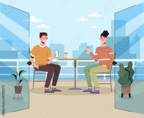 Man and woman in cafe. Young couple sitting at table with cups of coffee or tea. Family or friends in restaurant or coffee shop, catering. Poster or banner. Cartoon flat vector illustration