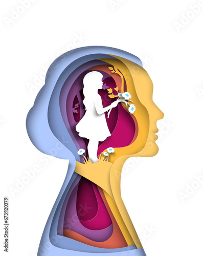 Little girl inside head of woman papercut vector illustration