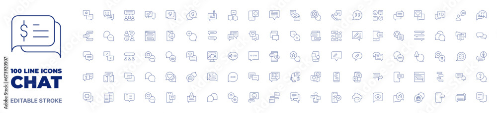 100 icons Chat collection. Thin line icon. Editable stroke. Chat icons for web and mobile app.