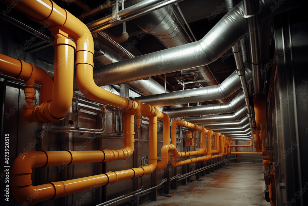 A factory room filled with rows of yellow pipes