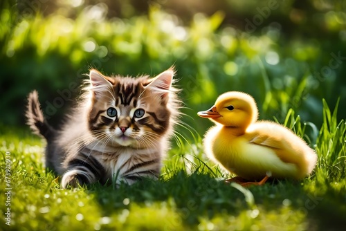  kitty and a fluffy baby duckling playing together
