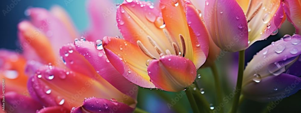 Fototapeta premium Close-up of fresh tulips with morning dew drops in vibrant orange and purple hues against a blurred background. 