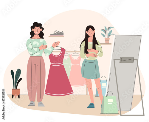 Women in clothing store concept. Young girls with dress near mirror. Fashion, trend and style. Atelier in boutique. Aesthetics and elegance. Poster or banner. Cartoon flat vector illustration