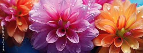 Lush dahlia blooms with raindrops, highlighting pink and orange hues amidst a tranquil setting. 