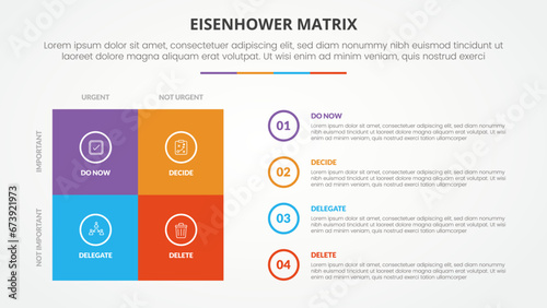 eisenhower matrix template infographic concept for slide presentation with square matrix quadrant with circle outline text with 4 point list with flat style