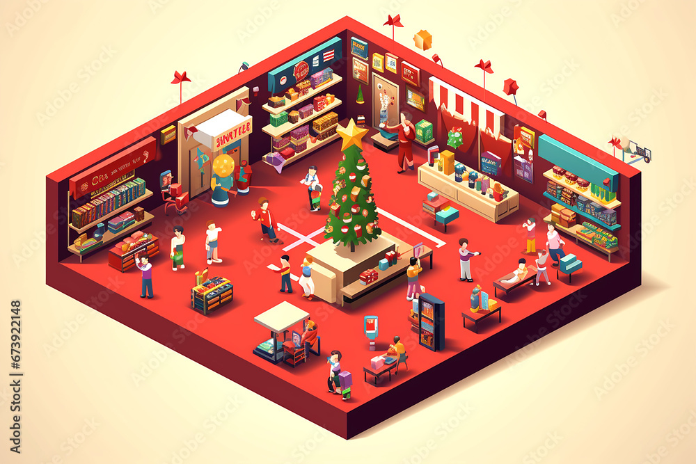 Isometric scene with Christmas decoration and christmas tree