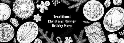 Christmas food. Christmas dinner. Holiday menu. Food design template. Engraved style background. Food and drink set. Hand drawn sketch, design template.