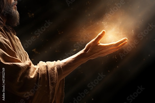 Jesus Christ giving light. Hands emmiting light. Grace to the people. Generative Ai photo