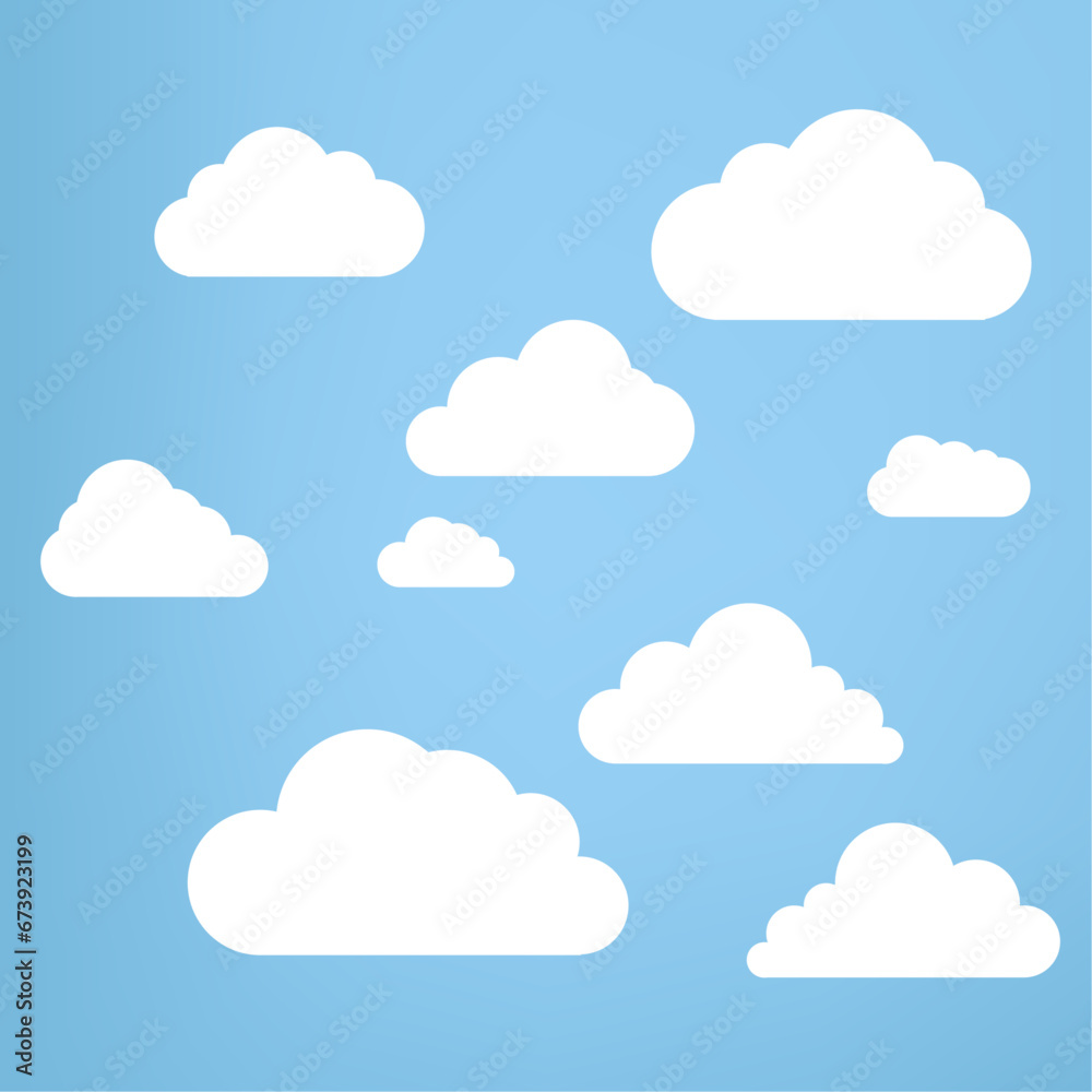 White Couds elements on light blue sky, soft clouds on isolated blue background, and Groups of white Clouds collection in flat design styles, cloud concept
