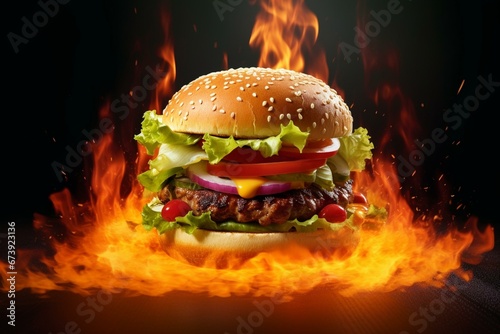 A fiery burger bursting with creativity. Generative AI