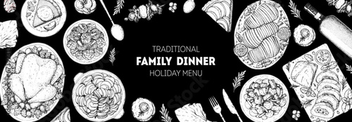 Christmas food. Christmas dinner. Holiday menu. Food design template. Engraved style background. Food and drink set. Hand drawn sketch, design template.