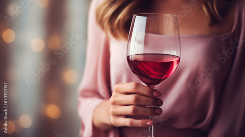 A glass of rose wine in the hands of a girl relaxing on restaurant terrace. Summer holiday. Celebrate enjoy moment. Alcoholic drink tasting. Romantic evening aperitif. Wine glass closeup. Generated AI