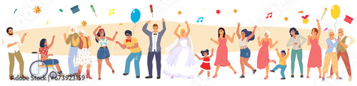 Happy dancing characters celebrating wedding vector illustration
