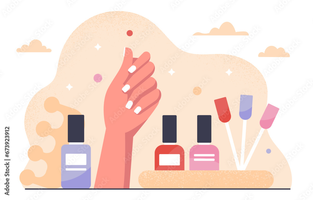 Manicure products concept. Hand with colorful fingernails near bottles with brushes. Beauty, aesthetics and elegance. Pedicure and care about nails. Cartoon flat vector illustration