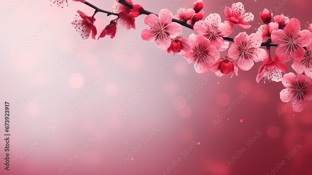 Fototapeta premium Decoration Chinese New Year Red background Cherry Blossom and Lantern copy space