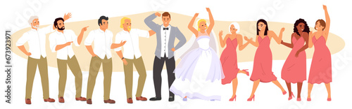 Wedding party vector illustration with bride and groom dancing